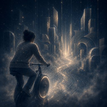Pessoa numa bicicleta perante uma cidade de luz.