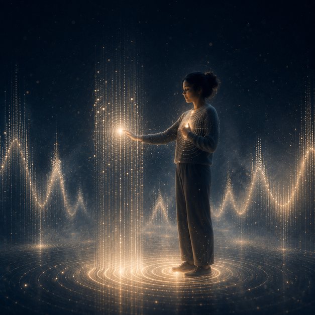 Figura rodeada de ondas sonoras douradas.