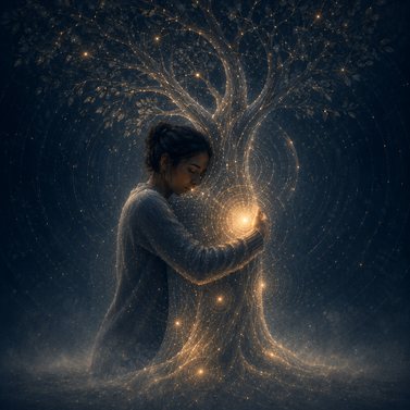 Pessoa a abraçar uma árvore de luz.