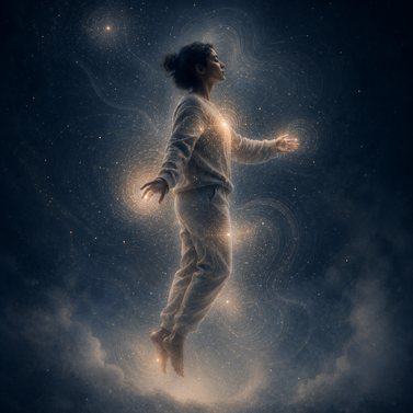 Figura a flutuar num espaço estrelado.