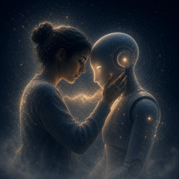 Pessoa e robô humanoide com as testas encostadas.