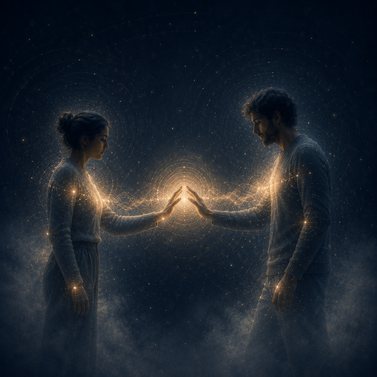 Duas figuras frente a frente, com energia luminosa entre elas.
